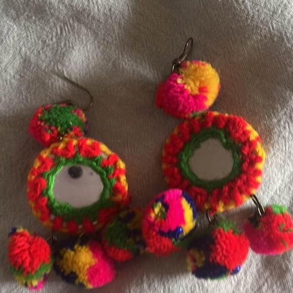 Adorable pompom mirrorwork Indian earrings - Picture 1 of 3